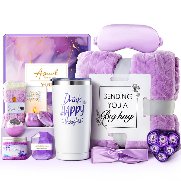 YFONG Spa Gifts for Women, Birthday Gifts for Women, Self Care Get Well Soon Gifts Basket for Mom, Wife, Girlfriend, Sister, Purple Gift Set for