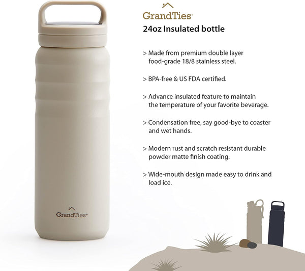 GRANDTIES 2 Lids Sports Stainless Steel Water Bottles – Wide Mouth Vacuum Insulated Reusable Leak Proof BPA-Free Travel Metal Canteen, Thermal