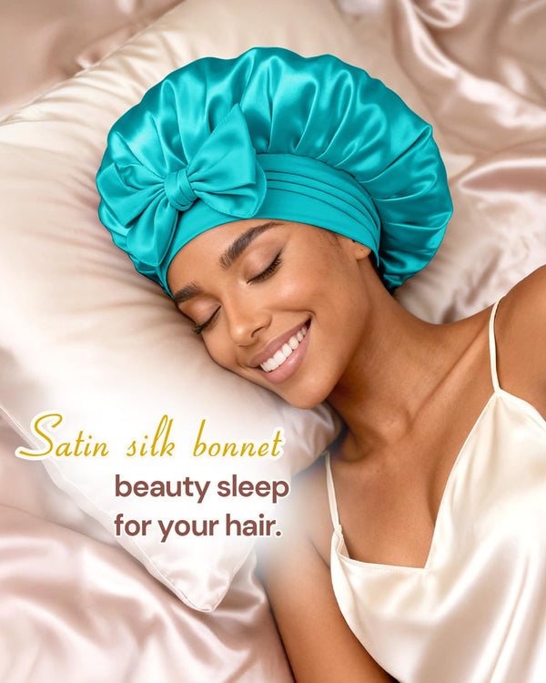 BONNET QUEEN Double Layer Silk Bonnet for Sleeping for Women Satin Lined Bonnet Night Cap for Curly Hair with Tie Band, Single Layer, Aqua Blue