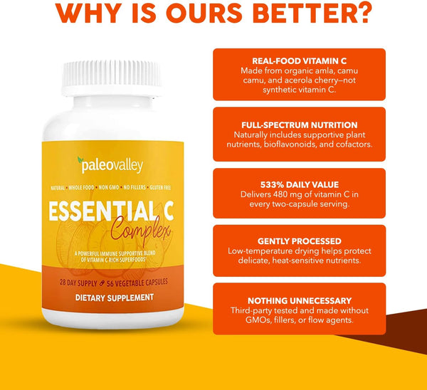 Paleovalley Essential C Complex - Vitamin C Supplement for Immune Support - 1 Pack, 450Mg - Organic Superfoods Unripe Acerola Cherry, Camu Camu,