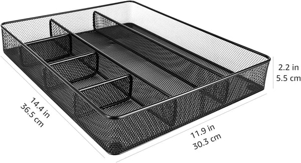 Amazon Basics Metal Mesh Desk Organizer with 6 Compartments, Anti-Slip Pen Holder Storage Tray for Office Supplies and Home, Black 1