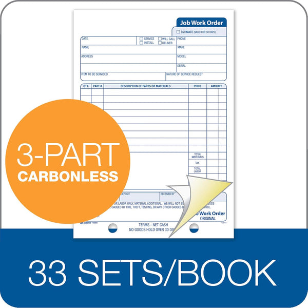 Adams Job Work Order Book, 3-Part Carbonless, White/Canary/White, 5-9/16 x 8-7/16 Inches, 33 Sets (T5868)