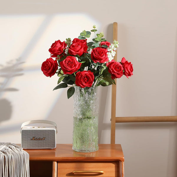 Hawesome 12PCS Artificial Silk Flowers Realistic Roses Bouquet Long Stem for Home Wedding Decoration Party (Red, 6 Flowers 6 Buds) Red 6 Flowers 6