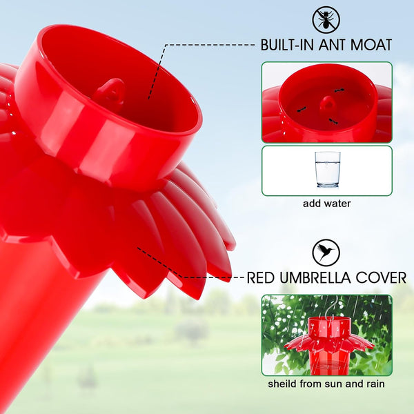 Fchstaer Plastic Hummingbird Feeders for Outdoors Hanging, 2 Pack 10 OZ Red Humming Bird Feeder with 6 Feeding Ports and Perch, Built-in Ant Moat,