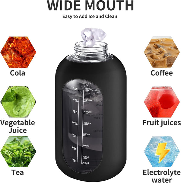 CIVAGO 32 oz Glass Water Bottle with Straw and Handle, Large Sports Motivational Water Bottle Flask with Time Marker and 2 Lids, Leakproof Water