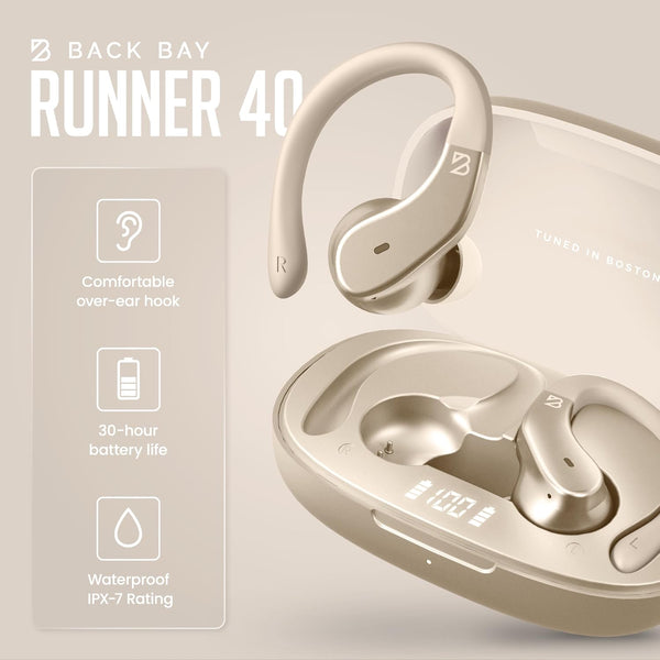 Back Bay Audio - Runner's Wireless Earbuds Bluetooth Headphones for Sports, Hook Over the Ear Buds, Deep Bass, Wrap Around Earphones with Earhooks