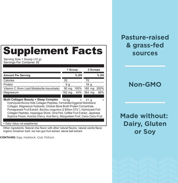 Ancient Nutrition Collagen Powder Protein, Multi Collagen Protein Beauty + Sleep with Vitamin C, Vanilla Chai, Hydrolyzed Collagen Peptides