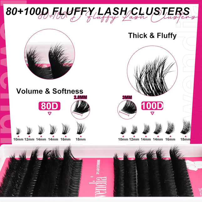 Fowendia Lash Clusters Kit Fluff 80D 100D Individual Lashes D Curl Cluster Eyelash Extensions 10-18mm DIY Lash Extension