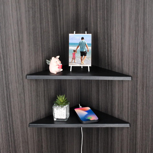 evron Corner Mounting Shelf Set of 2 – Easy to Install Floating Wall Shelves with Wood Grain Finish, Durable and Waterproof ABS Plastic for