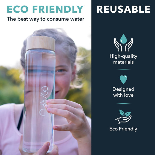 Mayu Water Bottle with Bamboo Lid, Eco Friendly & BPA Free, Plastic Free Borosilicate Glass Bottle - Zero Leak Design - for Outdoor Picnic,