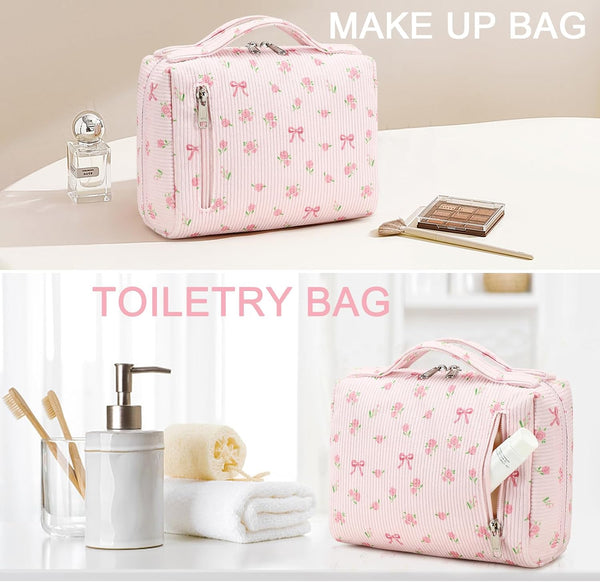 Bluboon Makeup Bag Zipper Pouch Travel Toiletry Bag Portable Cosmetic Bag Organizer for Women and Girls(Strawberry Corduroy Beige) Beige