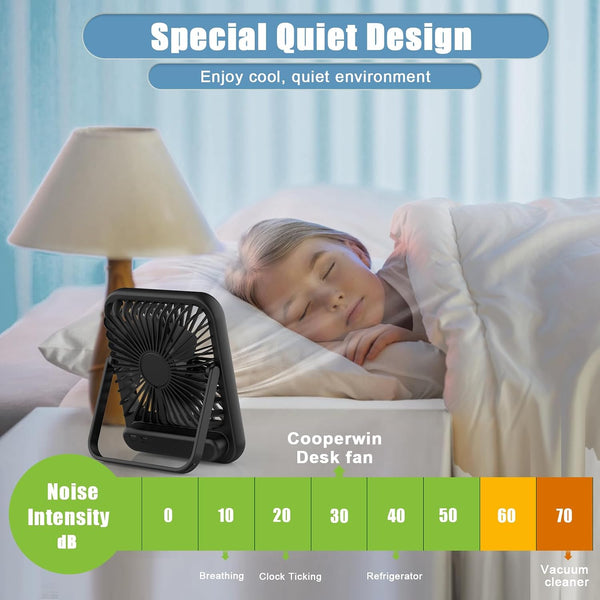 Portable Travel Fan for Sleeping, 6.8" Small Desk Fan Quiet Black
