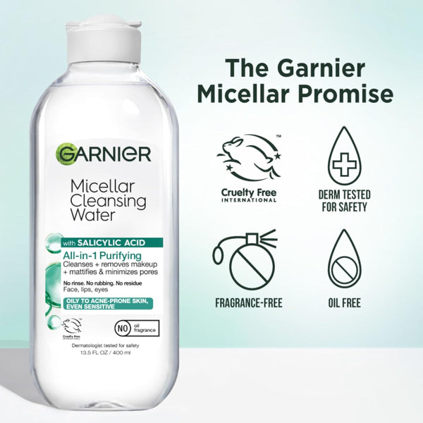 Garnier Micellar Water with Salicylic Acid, All-In-1 Mattifying Facial Cleanser and Makeup Remover for Oily and Acne Prone Skin, 13.5 Fl Oz