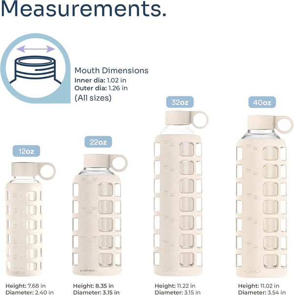 Purifyou 40/32/22/12 Oz Borosilicate Glass Water Bottles with Volume Markers, Silicone Sleeve, Stainless Steel Lid, Reusable Bottle for Water,