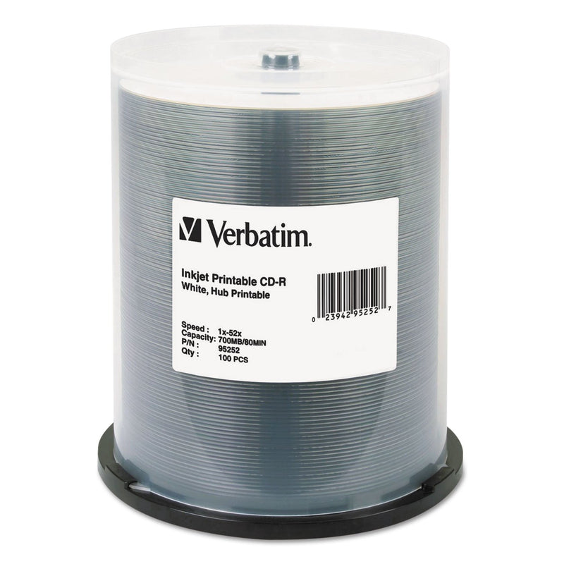 Verbatim CD-R 700MB 52X White Inkjet Hub Printable Recordable Media Disc - 100pk Spindle White Hub Printable