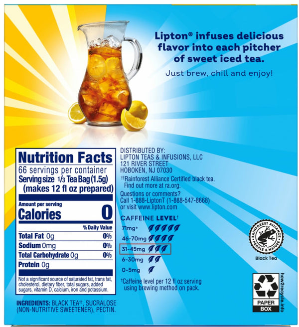 Lipton Family-Sized Black Iced Tea Bags, Southern Sweet Tea 22 Ct (Pack of 6)
