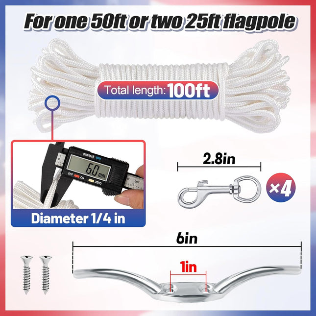 PAMASE Flag Rope and Clips Kit - 100Ft Flag Pole Rope Halyard with Cleat Hook & 4 Pcs Swivel Snap Clips for Flagpoles up