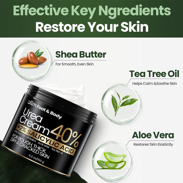 Urea Cream 40 Percent for Feet - Foot Cream for Dry Cracked Heels, 2% Salicylic Acid for Callus Remover, Maximum Strength Repair Skin, Soft &