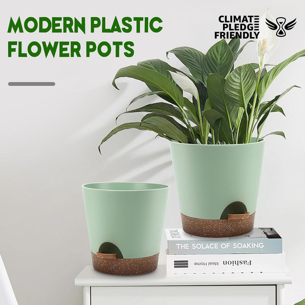 YNNICO Indoor Self Watering Planters with Drainage Holes and Saucers, 9,8, 7.5 Inches, Green, 3 Pots (Springgreen) 9+8+7.5 inch Springgreen