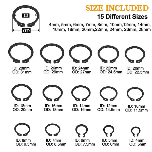 VIGRUE 315Pcs Snap Ring Shop Assortment Alloy Steel External Circlip Snap Retaining Clip Rings Set, 15 Sizes Black 315PCS