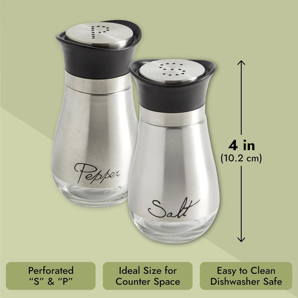 Juvale Stainless Steel Salt and Pepper Shakers Set with Holder, Refillable, Clear Glass Bottoms, Screw-Off Perforated "S" and "P" Caps for Kitchen