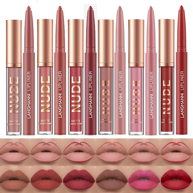 LANGMANNI 6 Matte Lipstick with 6 Lipliners Durable Makeup Set,Long-Lasting Non-