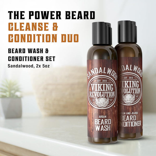 Viking Revolution Beard Wash & Beard Conditioner Set W/Argan & Jojoba Oils - Softens & Strengthens - Natural Beard Shampoo W/Beard Oil Sandalwood