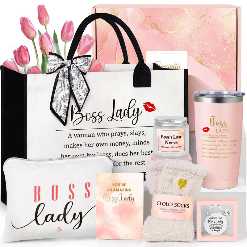 Boss Lady Gifts for Women, Best Boss Gift with Grocery Canvas Tote Bag, Funny Boss Christmas Box for Women, Cool Basket for Bosses Female, Office