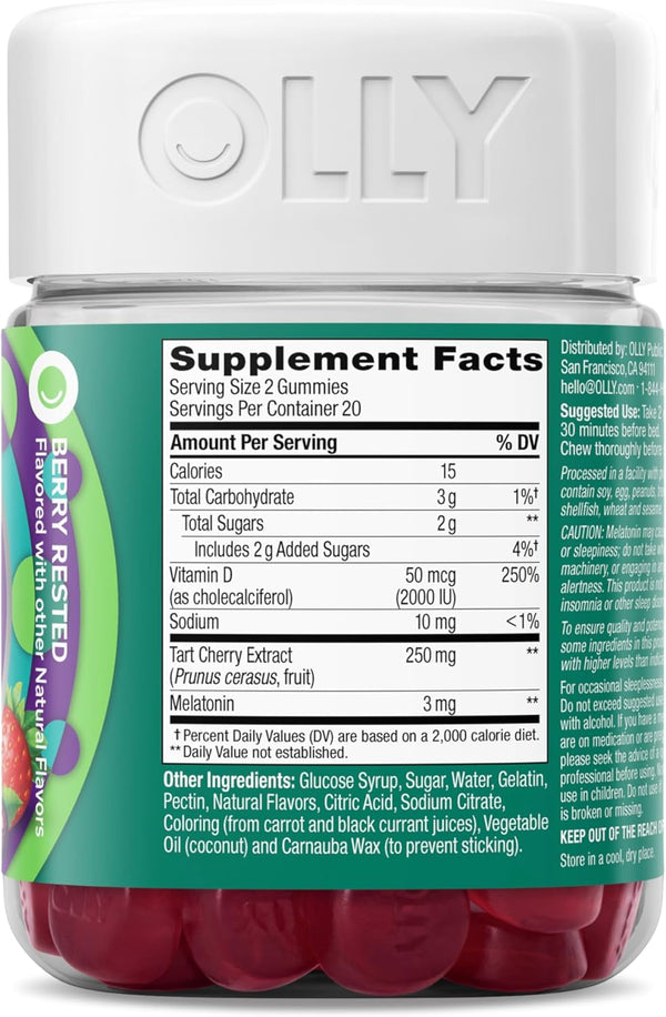 OLLY Muscle Recovery Sleep Gummies, Sleep and Sore Muscle Support, 3Mg Melatonin, Tart Cherry, Vitamin D, Berry Flavor - 40 Count