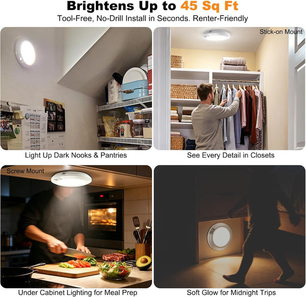 LED Motion Sensor Light Indoor, Battery Operated Ceiling Light | Wireless, Stick-on Under Cabinet Closet Light No Wiring, 210LM 6000K Daylight,