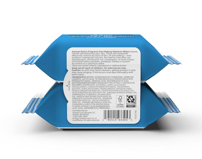 Amazon Basics Make up Remover Wipes, Fragrance Free, 25 Count, Pack of 2 (Previously Solimo)