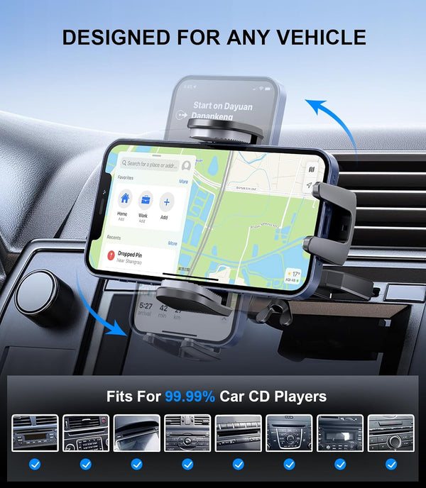 Car Phone Holder, Universal CD Slot Phone Mount, Hands Free Automobile Cell Phone Stand, 360° Adjustable Phone Mount for Car Compatible with