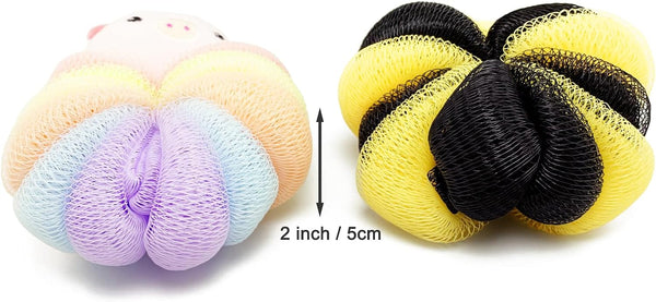 Bath Sponges 2Pieces Cute Cartoon Animal Bath Loofahs Pouf Mesh Balls Body Scrubber Bathing Accessories Gifts for Women (Bee + Pig)