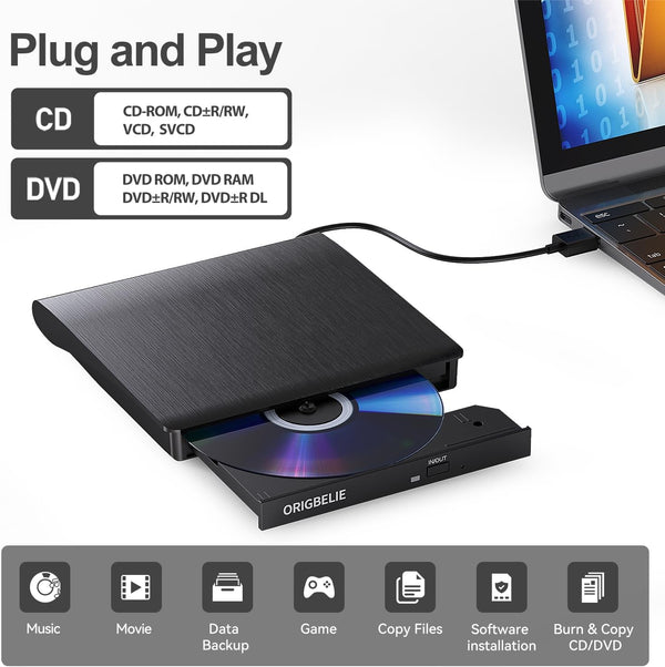 External CD/DVD Drive for Laptop, USB 3.0 CD Burner +/-RW CD ROM External DVD Drive Portable DVD Player for Laptop Desktop PC Apple Mac Windows