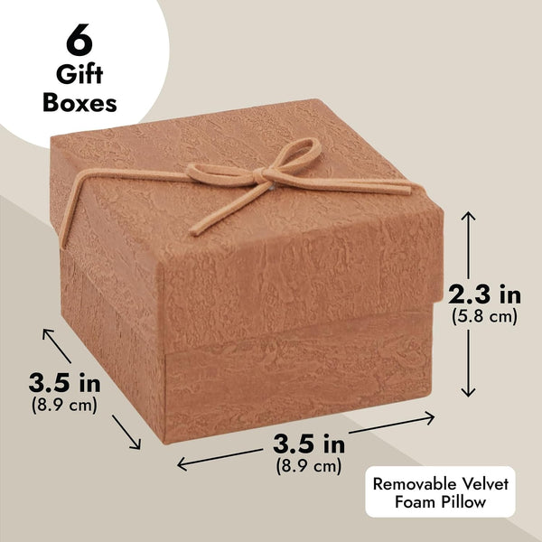 Juvale Bracelet Gift Box 6-Pack - 3.5 x 3.5 x 2.3 in, Brown Country-Rustic Cardboard - Velvet Pillow & Faux Leather Bow Lid - Tiny Jewelry Gift