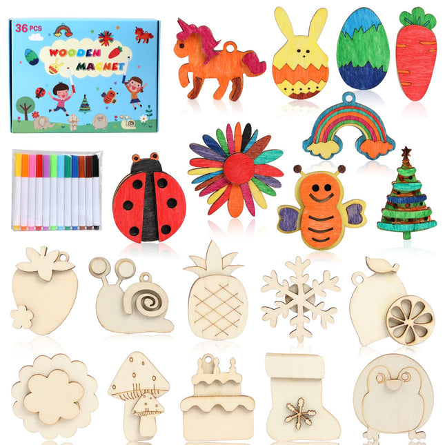 Worgree DIY Wooden Magnets, 36 Pcs Wooden Art Craft Supplies Painting Kit for Ki