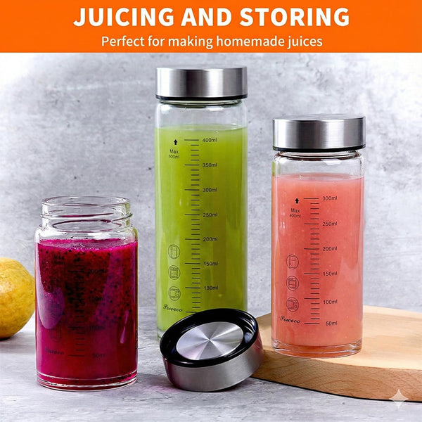 Glass Juice Bottles 4 Pack 16 Oz - Wide Mouth Glass Water Bottles with Lids - for Juicing, Protein, Smoothie, Milk, Reusable, BPA Free, Stainless