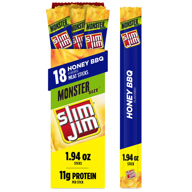Slim Jim Monster Smoked Meat Sticks, Honey BBQ Flavor, 11G Protein per Stick, Fa