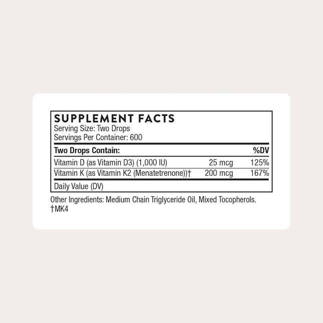 THORNE Vitamin D + K2 Liquid with a Metered Dispenser - Vitamins D3 and K2 to Su