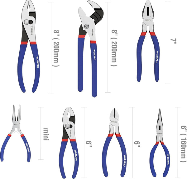 7-piece WORKPRO Pliers Set with Groove Joint, Long Nose, Slip Joint, Linesman, and Diagonal Pliers for DIY & Home Use | Groove Joint Piler, Long