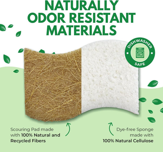 Natural Kitchen Sponges Pack of 6 - Cellulose and Coconut Husk Dishwashing Spong