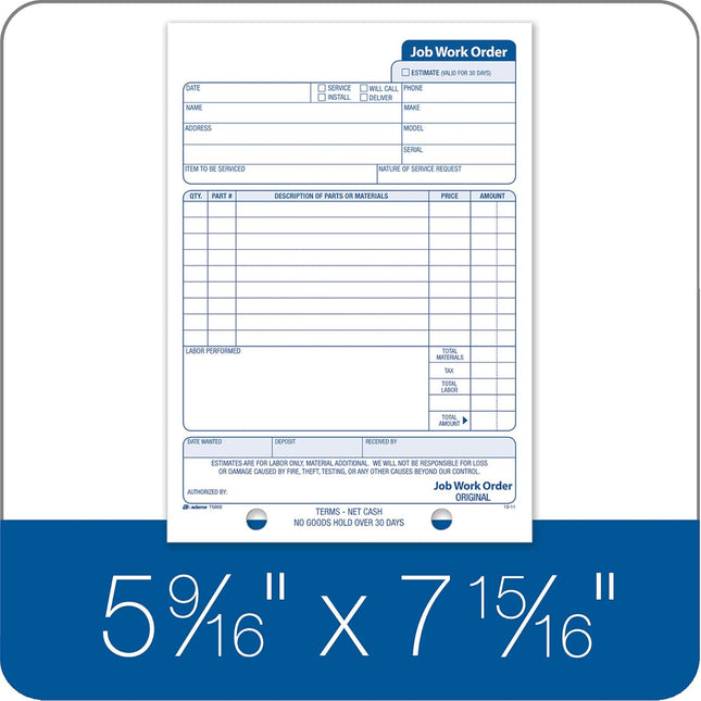 Adams Job Work Order Book, 3-Part Carbonless, White/Canary/White, 5-9/16 x 8-7/1