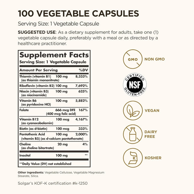 Solgar Bcomplex "100" Vegetable Capsules Heart Health Nervous System Support Sup