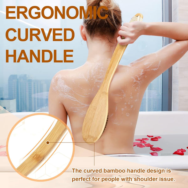 Exfoliating Back Scrubber for Shower with Curved Long Handle, 16.7 Inches Bamboo Body Brush with Natural Bristles for Wet or Dry Brushing, Body