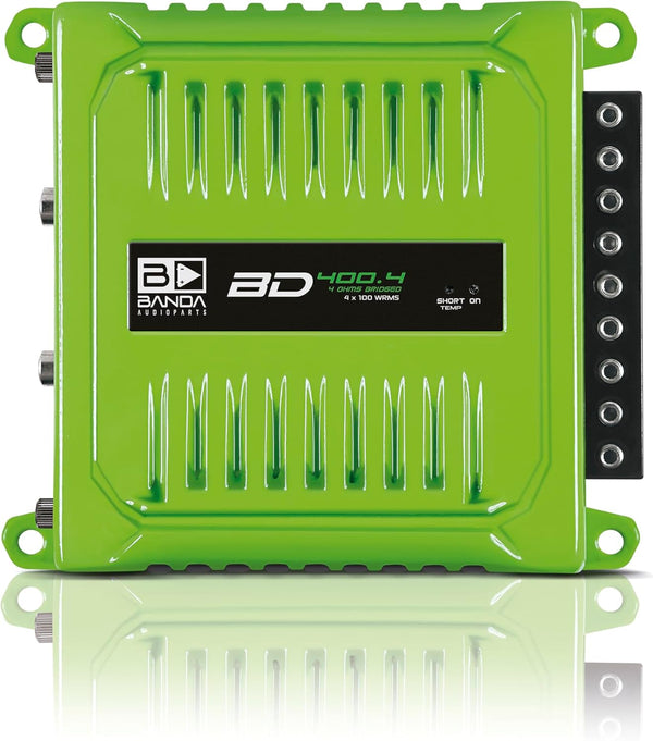 BD400.4GREEN Four Channel 4 X 100 Watt Rms Full Range Car Audio Amplfier 4 Ohms Bridged with Optional Use Low or High Pass Filters Green