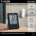 Taylor Wireless Digital Indoor Outdoor Thermometer, Easy to Read Numbers for Patio, Pool, and Indoor Areas, LCD, Black Black Thermometer