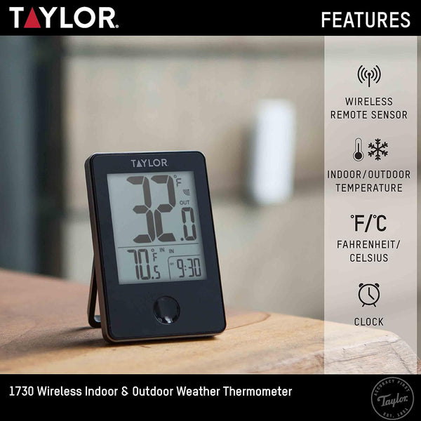 Taylor Wireless Digital Indoor Outdoor Thermometer, Easy to Read Numbers for Patio, Pool, and Indoor Areas, LCD, Black Black Thermometer