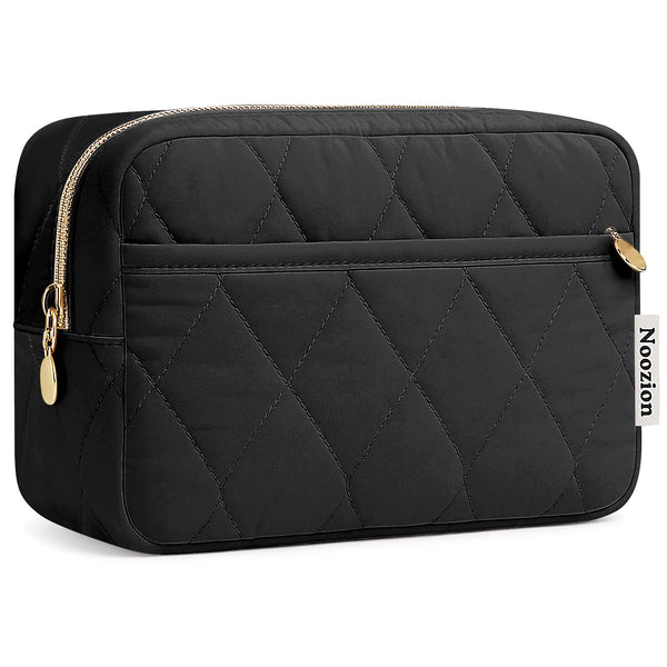 Noozion Makeup Bag Travel Toiletry Bag, Puffy Padded Cosmetic Bag for Women, Makeup Organizer Case, Wide-open Pouch Purse, Travel Essentials Black