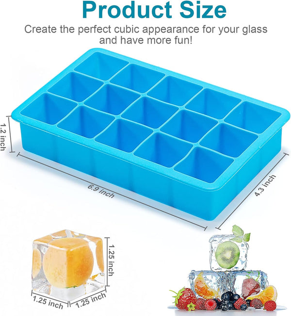 2 Pack Ice Cube Trays, ZDPMK Silicone Easy Release Flexible Molds 15 Ice Cubes Tray for Freezer，Cocktail，Whiskey，Reusable & BPA Free Blue