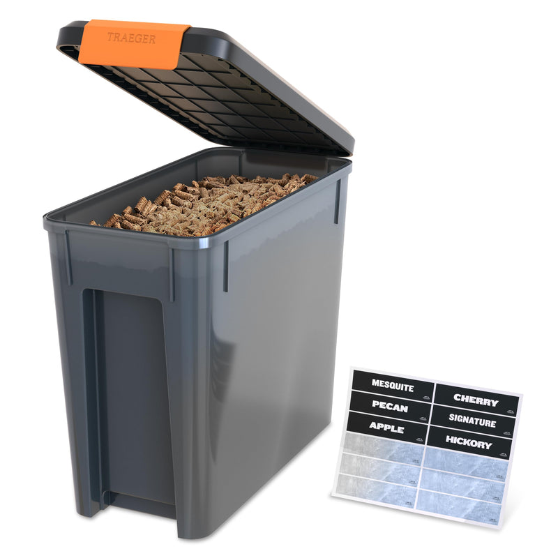 Traeger Grills BAC637 Stay Dry Pellet Storage Bin with Locking Lid, 22Lb Capacity Wood Pellet Container with Flavor Stickers, Stackable Design,